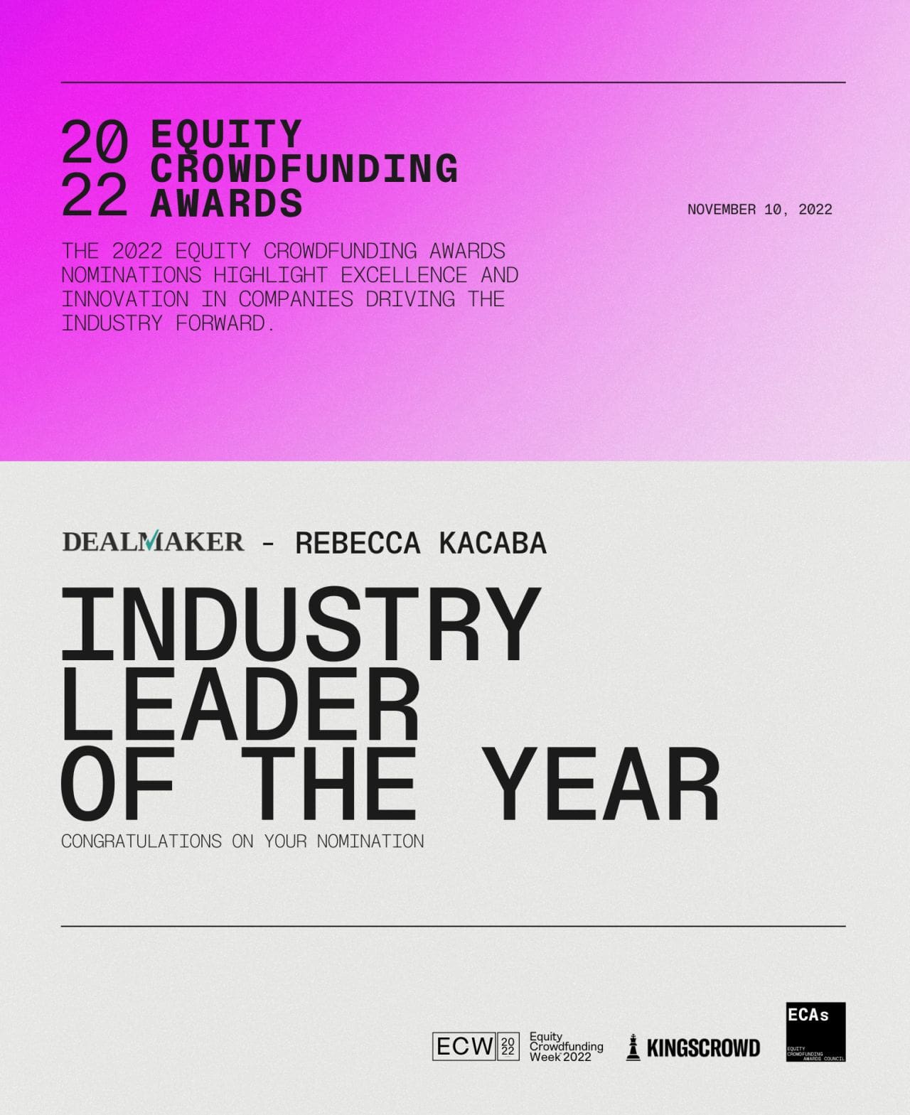 DealMaker CEO and Co-Fouder, Rebecca Kacaba, nominated for Industry Leader of the Year Award